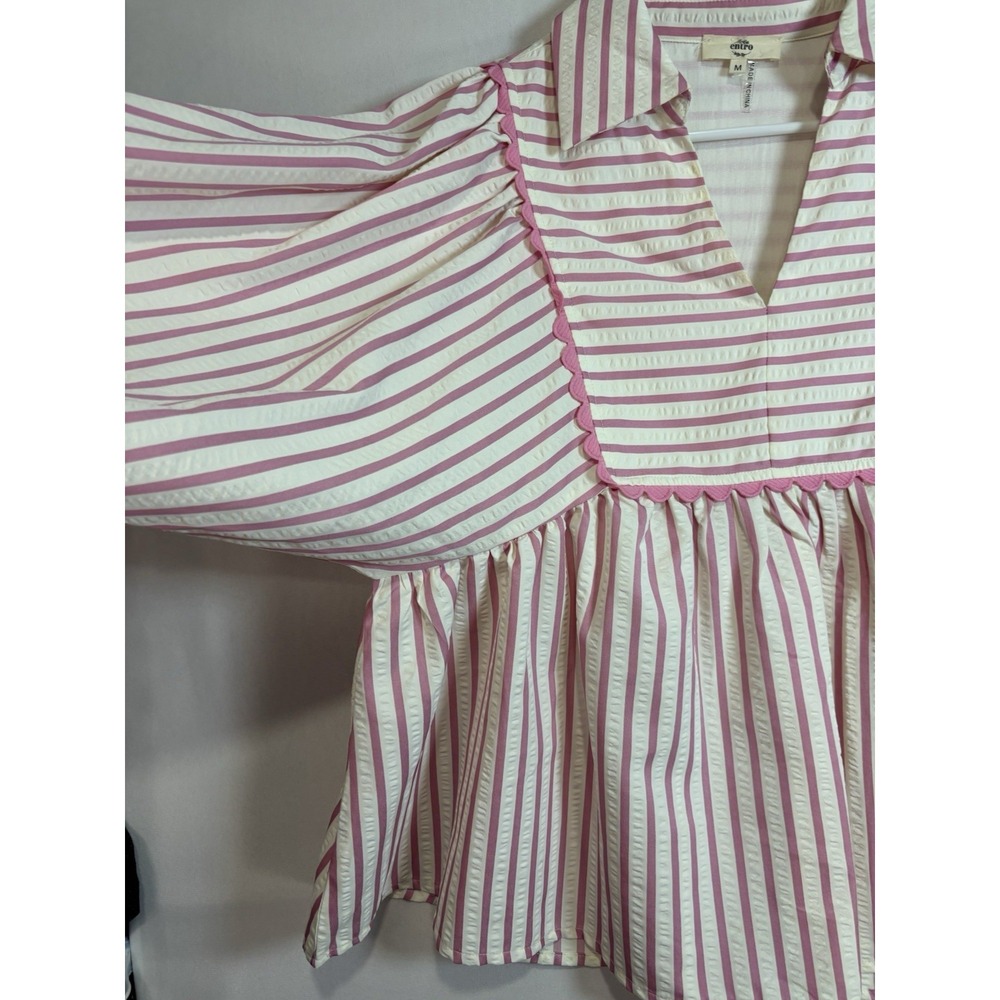 Entro Striped Seersucker Balloon Sleeve Blouse Pink White Scalloped Trim M - Picture 2 of 10